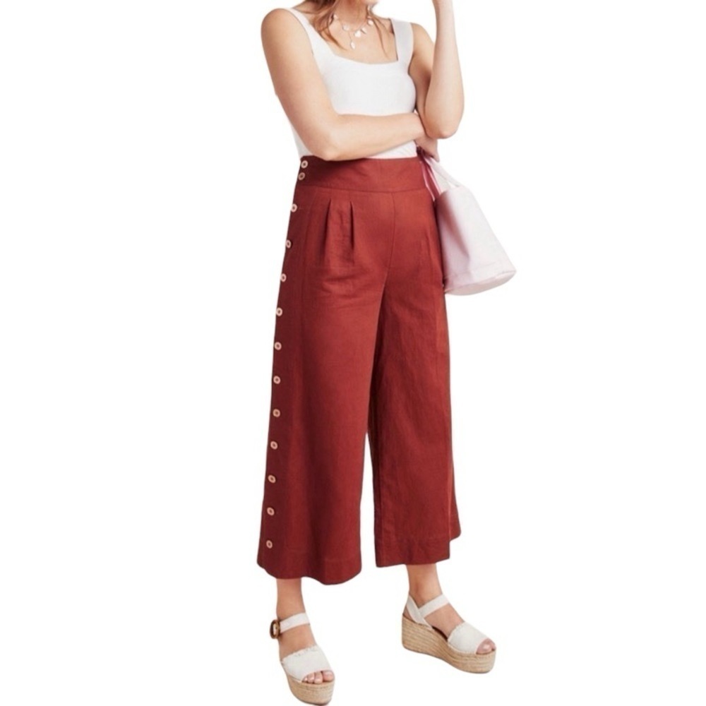 ANTHROPOLOGIE High Waist Linen Blend Buttoned Wide Leg Cropped‎ Pants